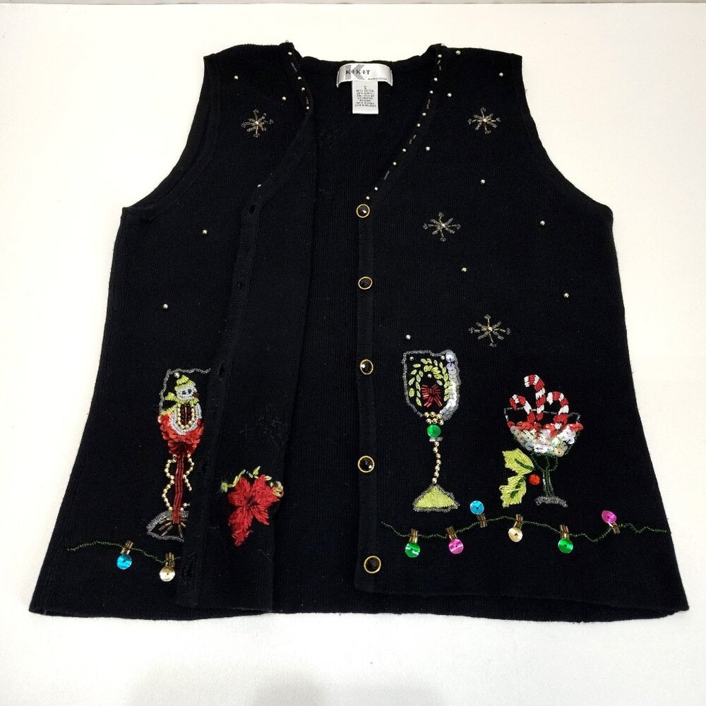 Kikit Christmas Themed Sweater Small Beaded Embroider Sleeveless Maurice Sasson